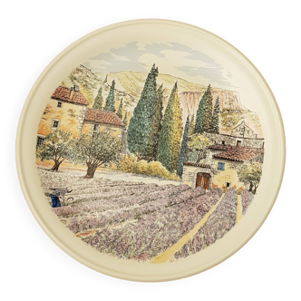 Decorative flat plate in Castelroux porcelain. Provencal scene, Landscape of Provence France