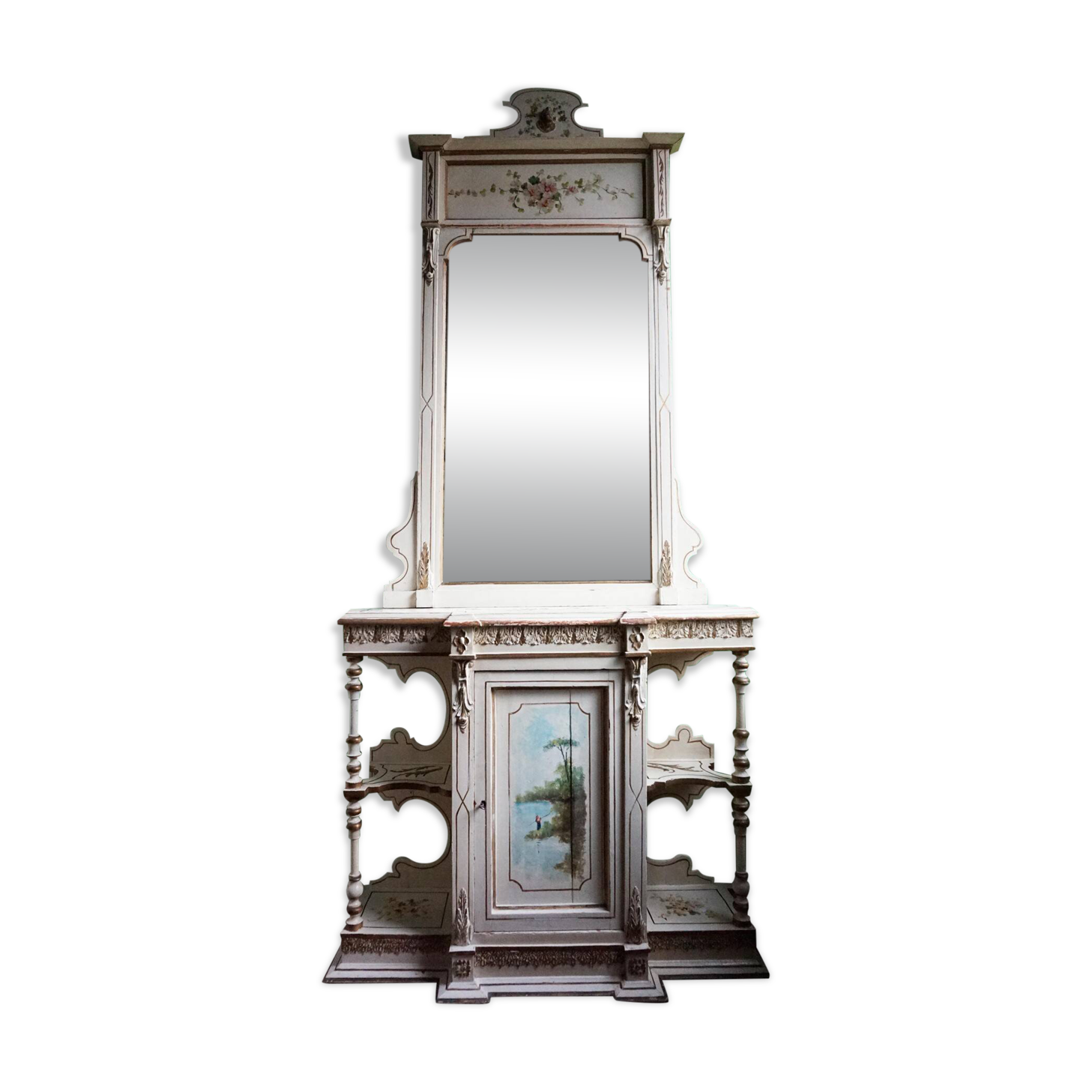 Italian hand-painted Console Table with Mirror and floral painting