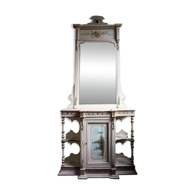 Table console italienne peinte à la main avec miroir et peinture florale.