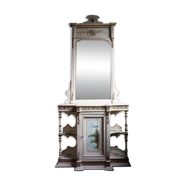 Table console italienne peinte à la main avec miroir et peinture florale.