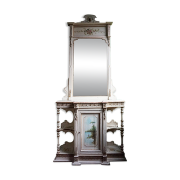 Table console italienne peinte à la main avec miroir et peinture florale.