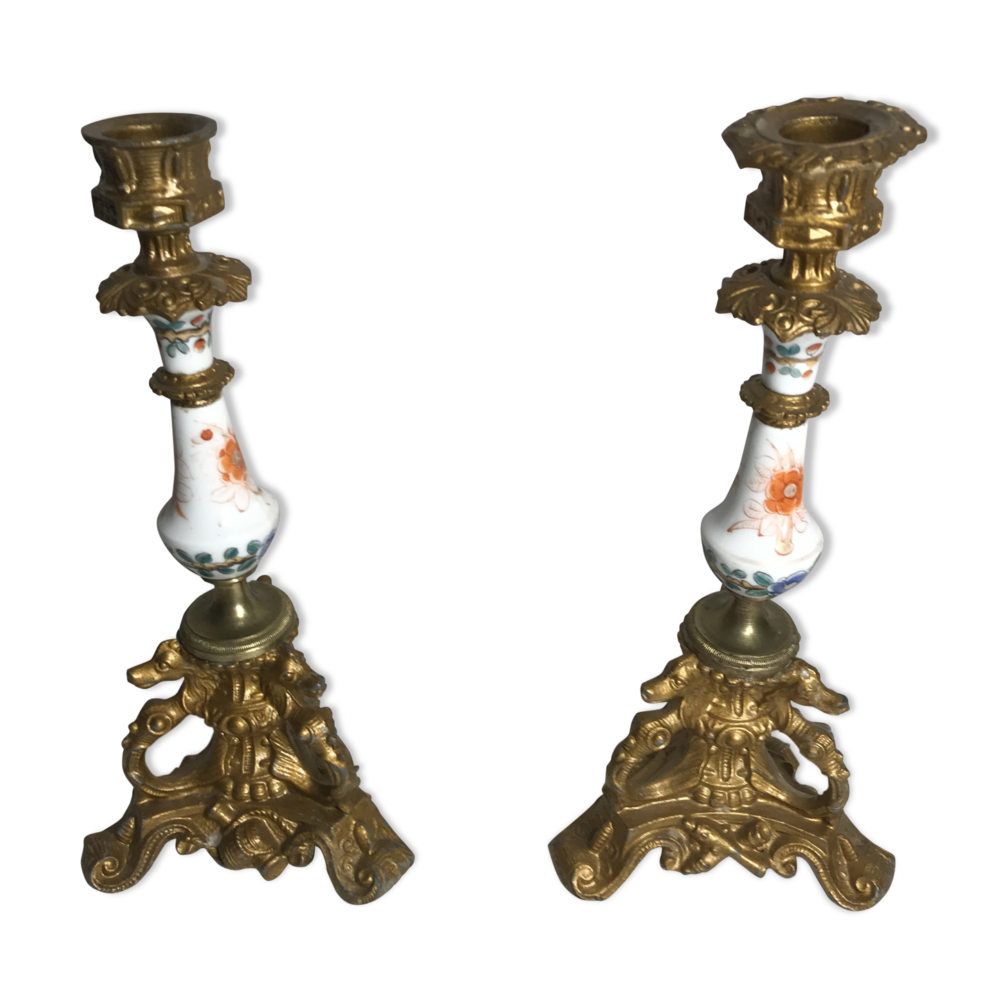 Pair old candlestick tripod Metal Gold seahorse + ceramic painted Vintage