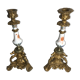Pair old candlestick tripod Metal Gold seahorse + ceramic painted Vintage