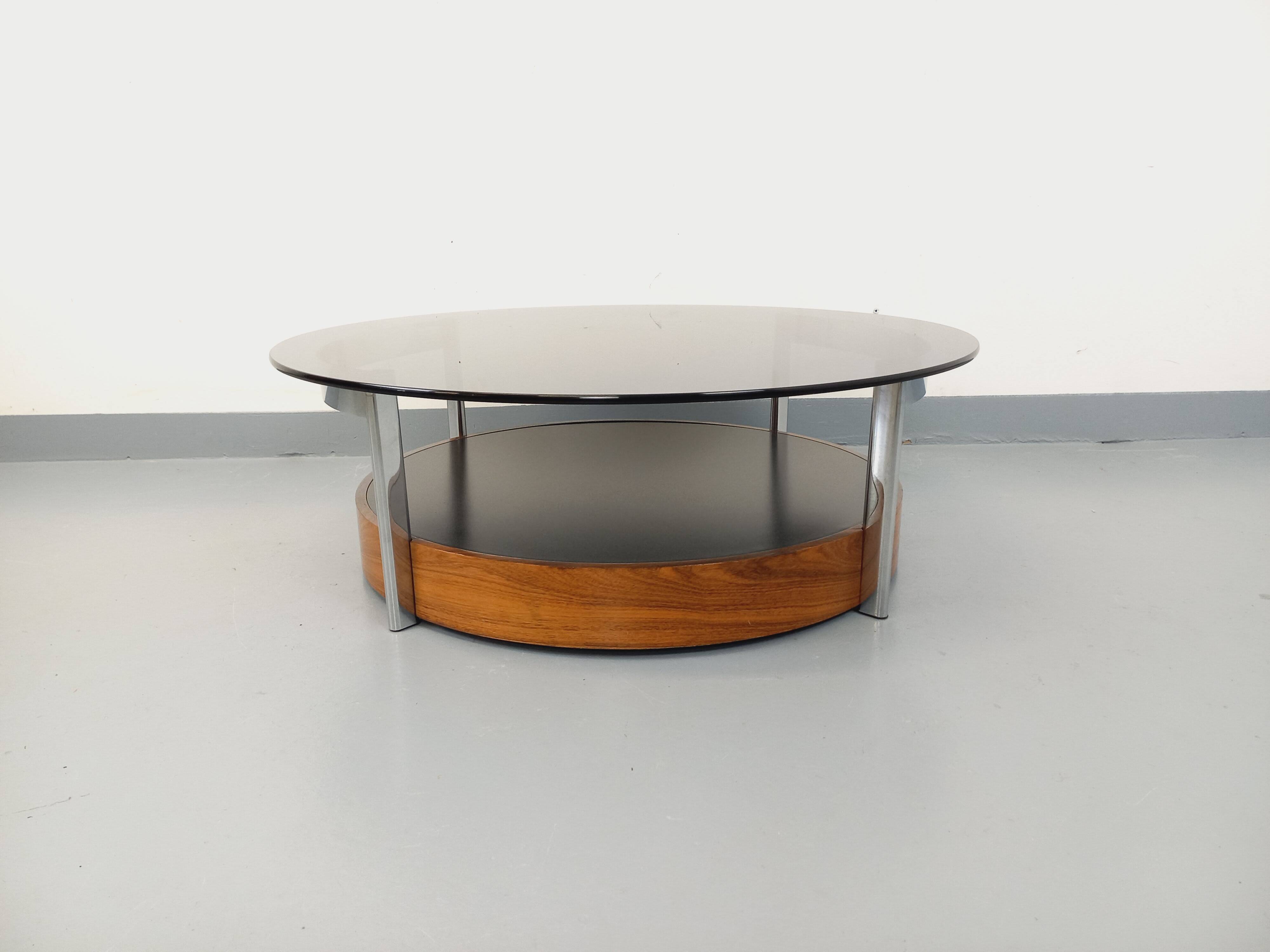 Vintage Italian round coffee table in rosewood, chrome metal, glass.