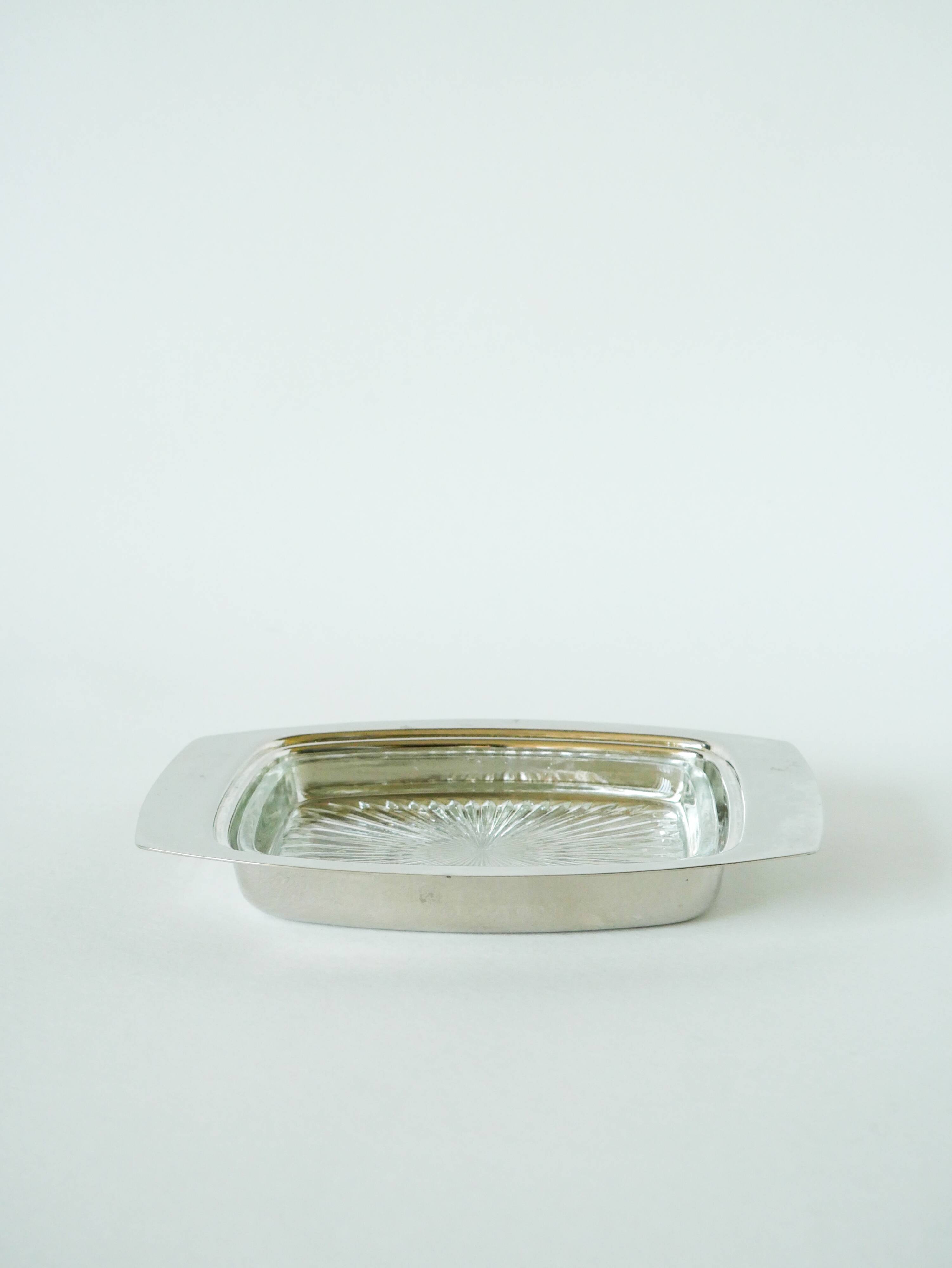 Pocket tray / butter dish in silver metal and glass, early 20th century