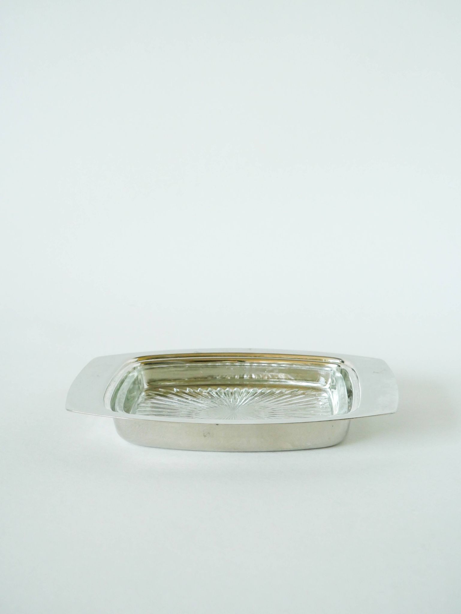 Pocket tray / butter dish in silver metal and glass, early 20th century