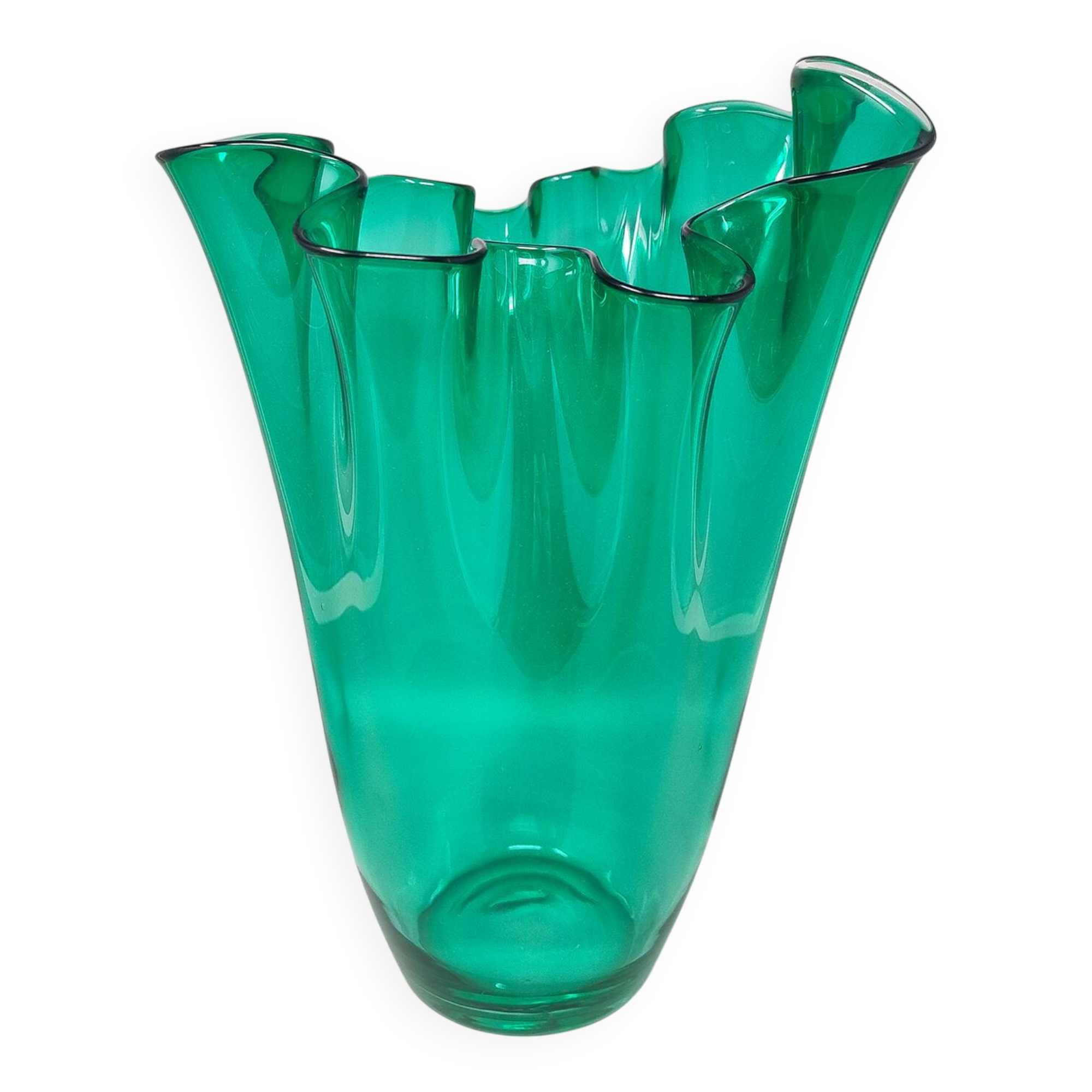 1970s Astonishing green "Fazzoletto" vase by Michielotto in Murano glass. Made in Italy