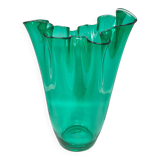 1970s Astonishing green "Fazzoletto" vase by Michielotto in Murano glass. Made in Italy