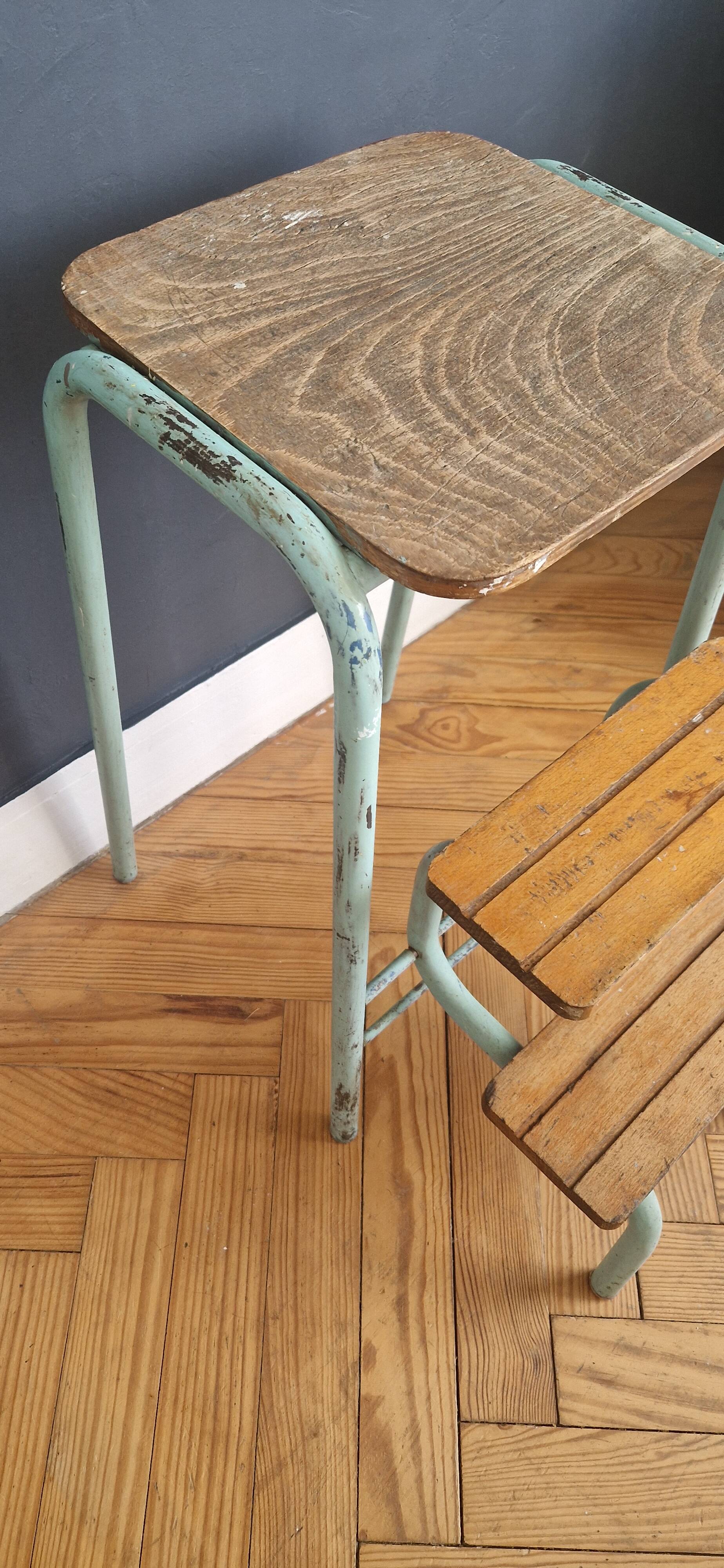 Tabouret escabeau vintage en bois et acier