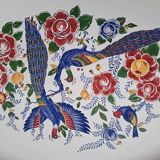 Large oval white ceramic dish, decorated with peacocks and vintage flowers