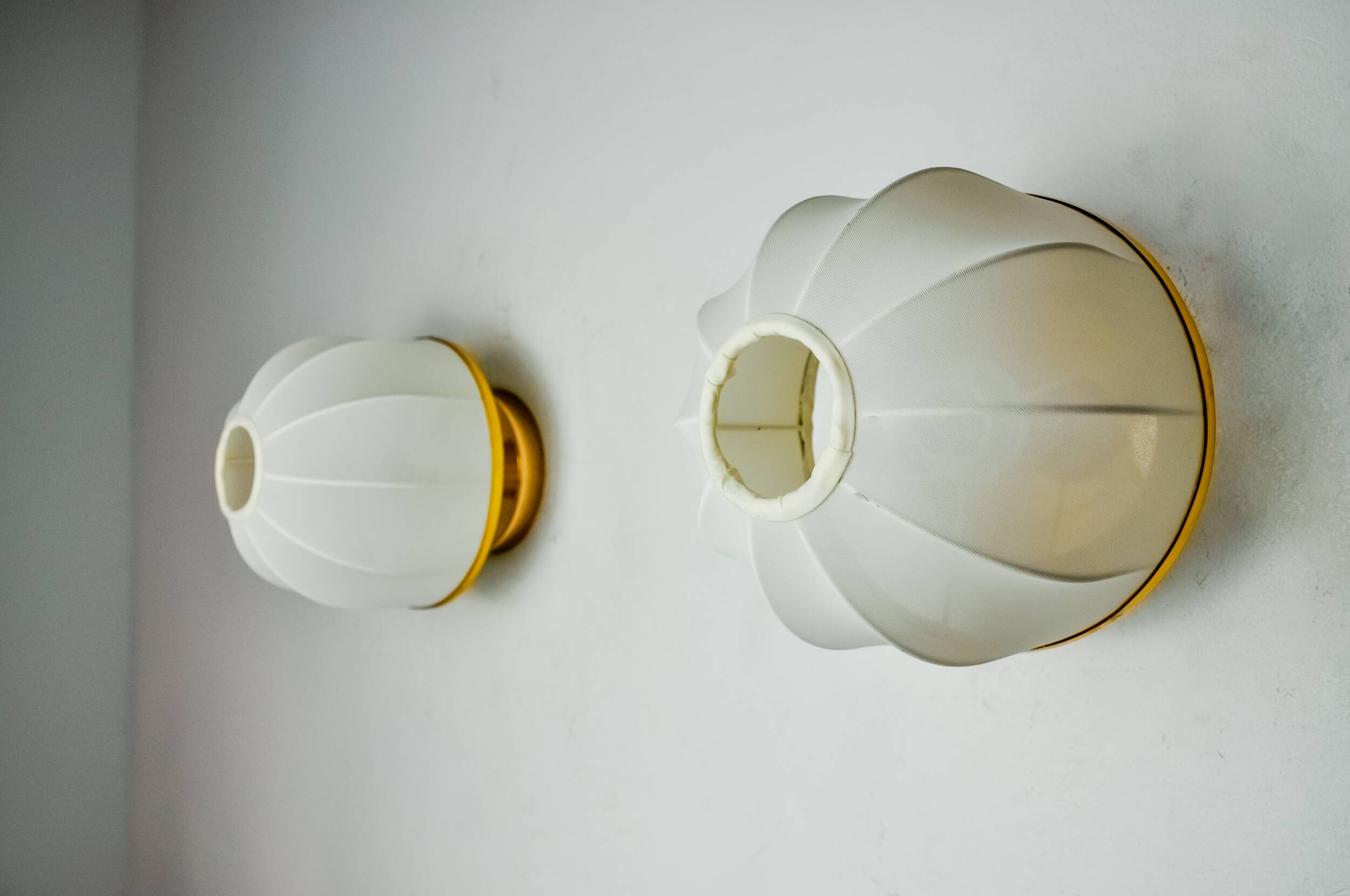 Pair of regency wall lights, pine and stretched canvas, italy, 1970