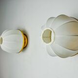 Pair of regency wall lights, pine and stretched canvas, italy, 1970