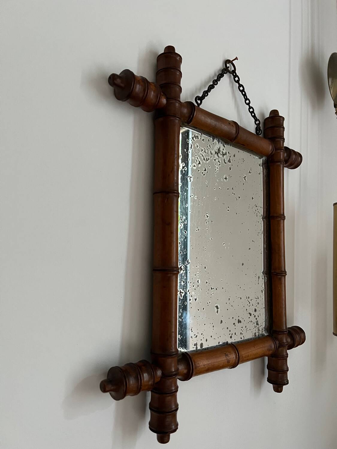 Small old turned wood mirror with bamboo effect
