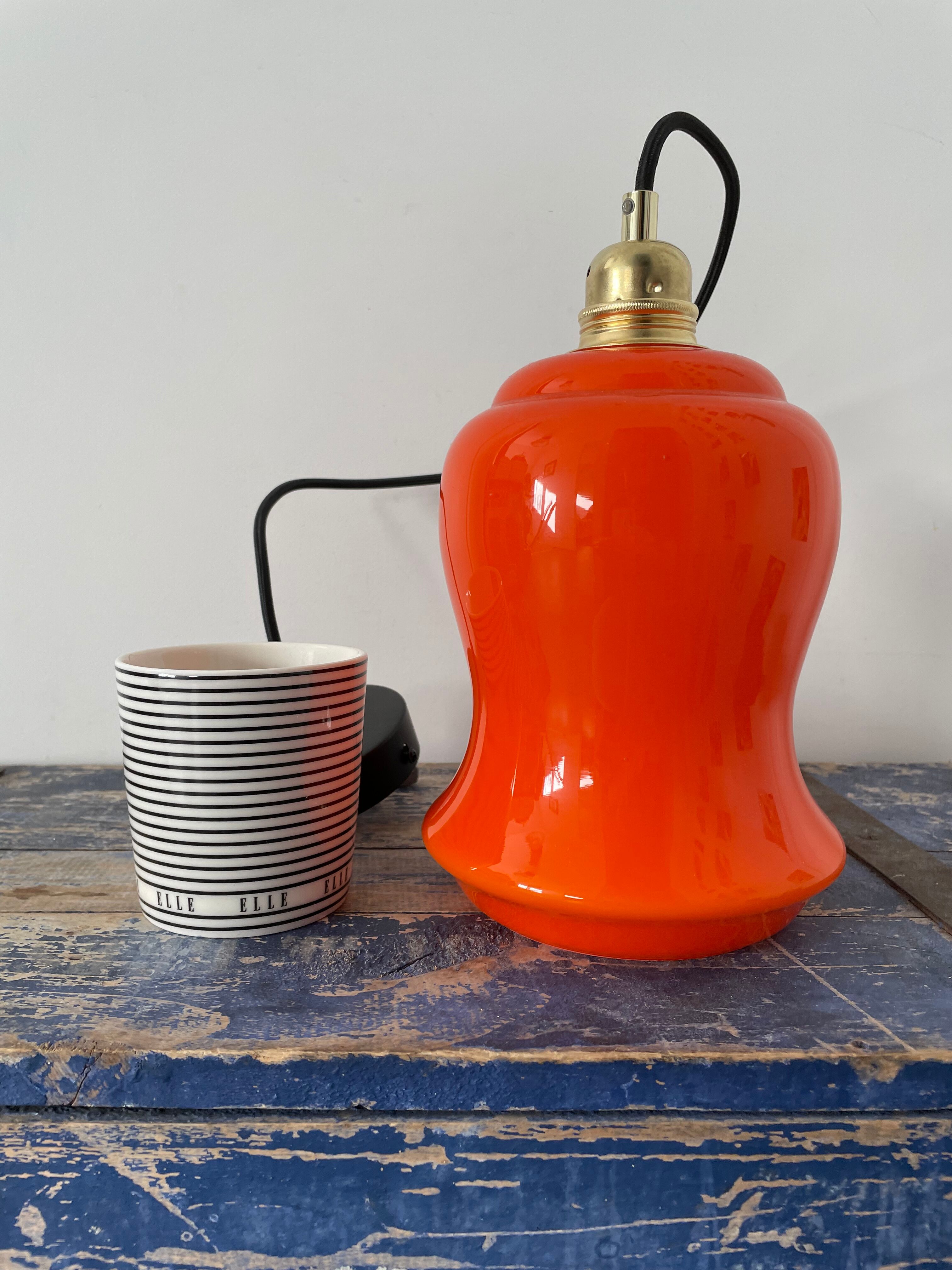 Vintage electrified orange suspension lamp with new