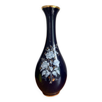 Limoges oven blue porcelain vase signed
