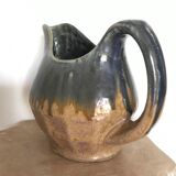 Vintage pitcher in glazed stoneware with bluish drip effect signed and numbered