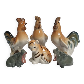 Set of six miniature porcelain animals from the "Lomonosov" earthenware factory, vintage