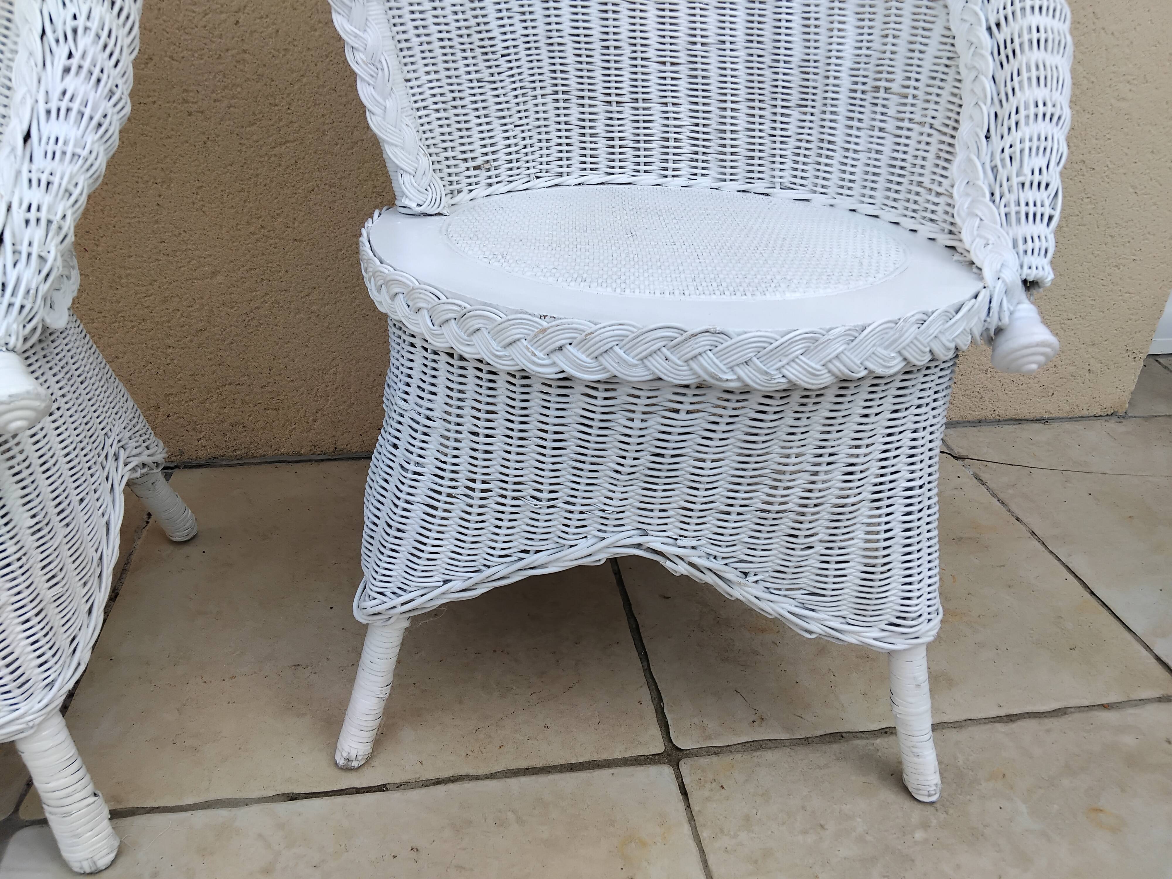 Pair of vintage art deco white rattan wicker armchairs