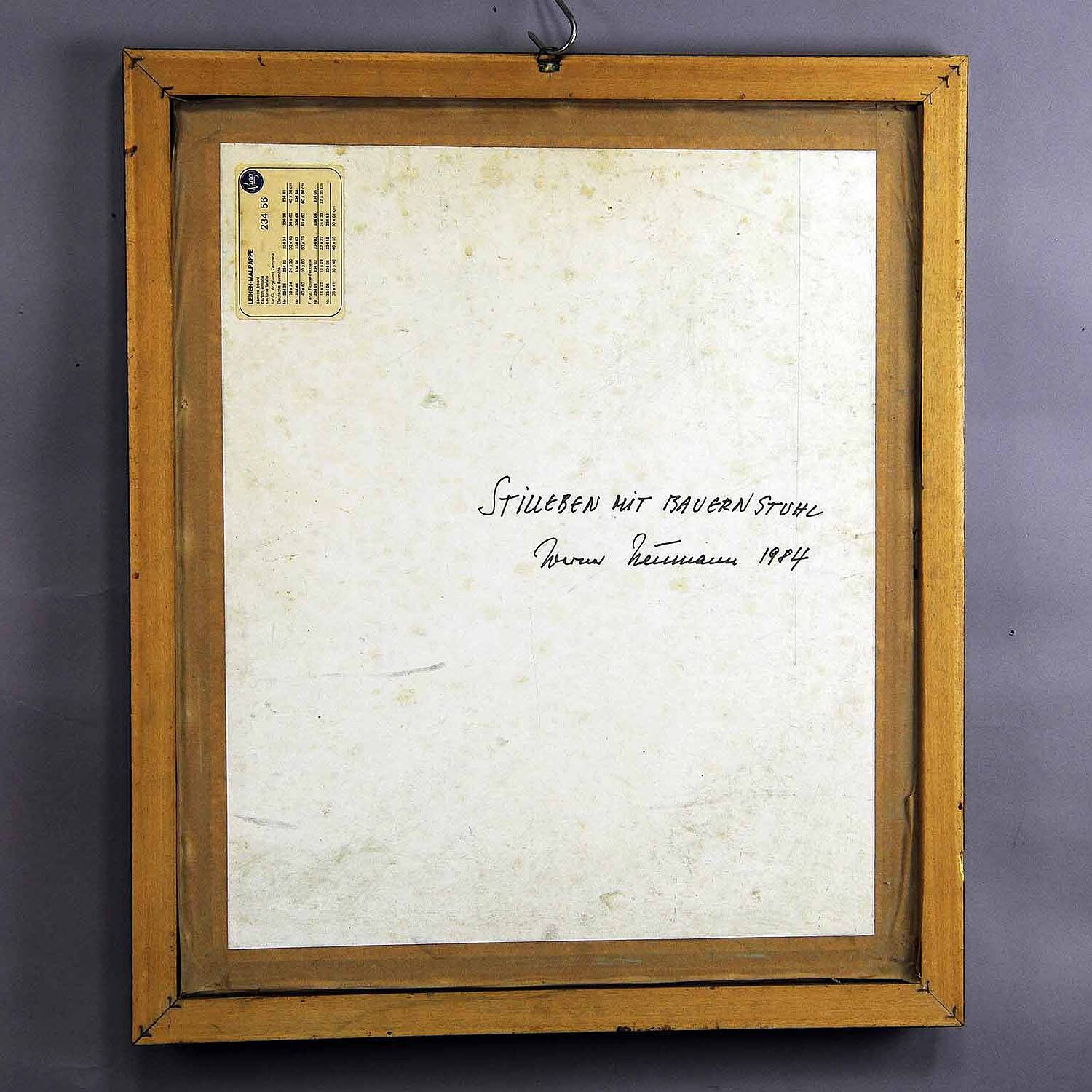 Impressionist oil painting of a still life with a view of the kitchen.