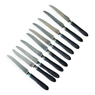 A set of 10 small knives with black wooden handles