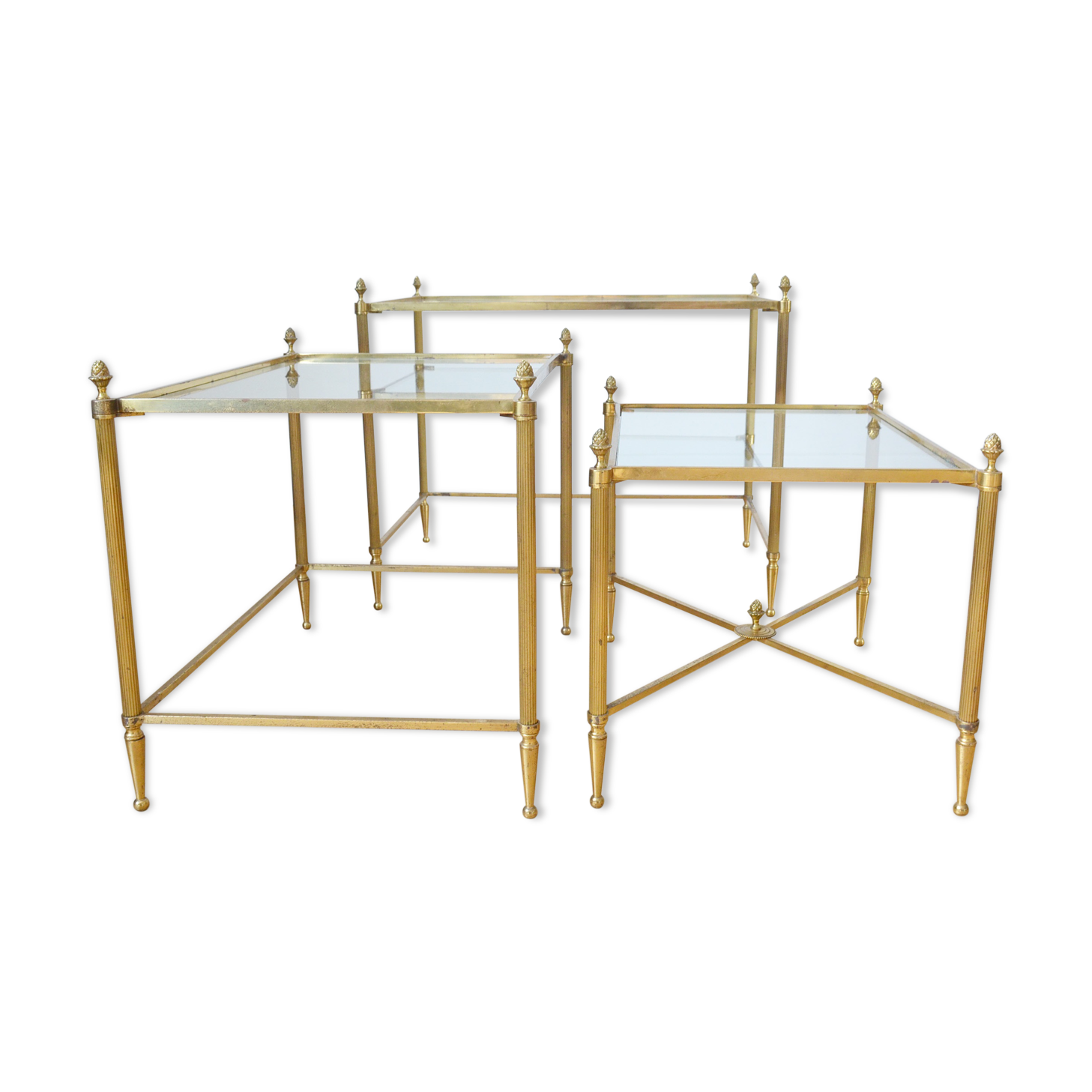 Lot 3 tables pull out brass glass Maison Baguès