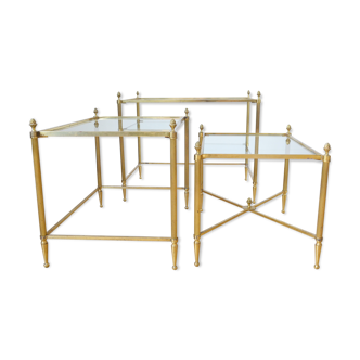 Lot 3 tables pull out brass glass Maison Baguès