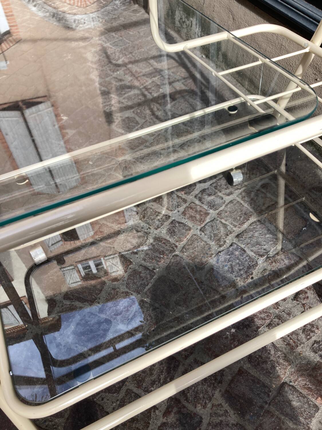 70s rolling trolley in glass and cream metal