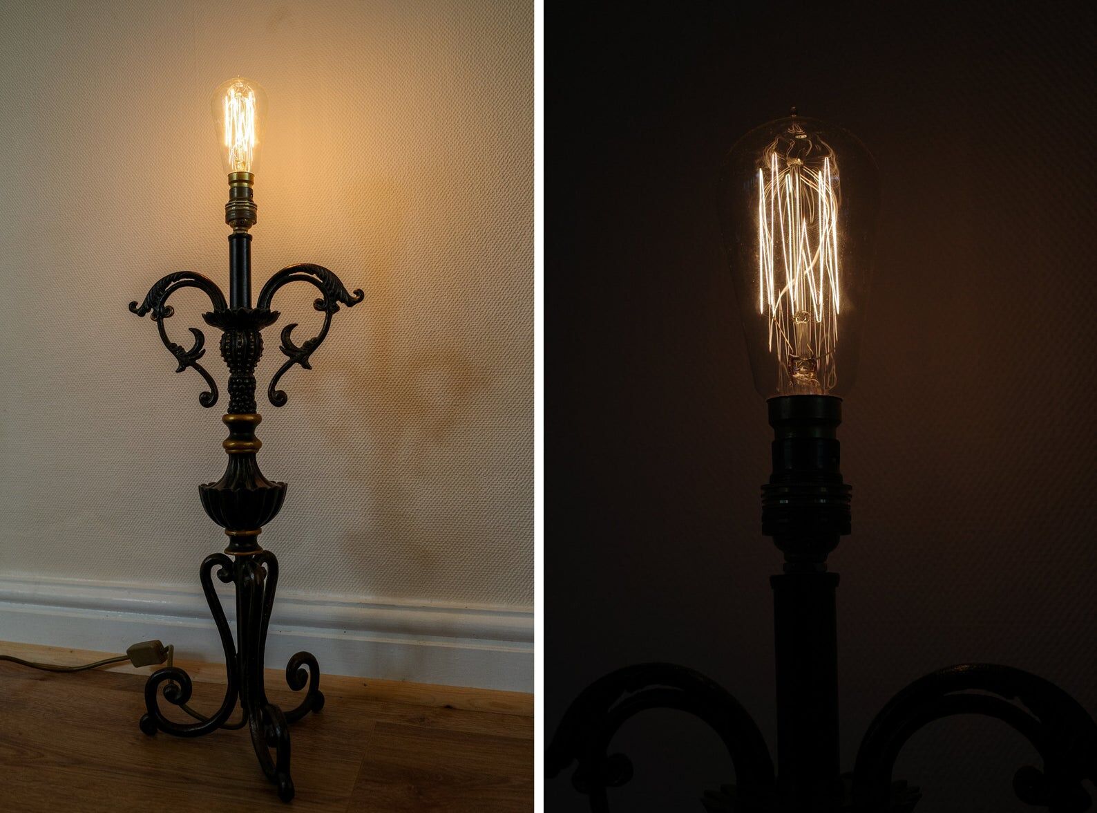 Vintage Large Black & Gold Iron Table Lamp Base, Antique 1950s Metal Bedside Lamp