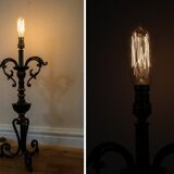 Vintage Large Black & Gold Iron Table Lamp Base, Antique 1950s Metal Bedside Lamp