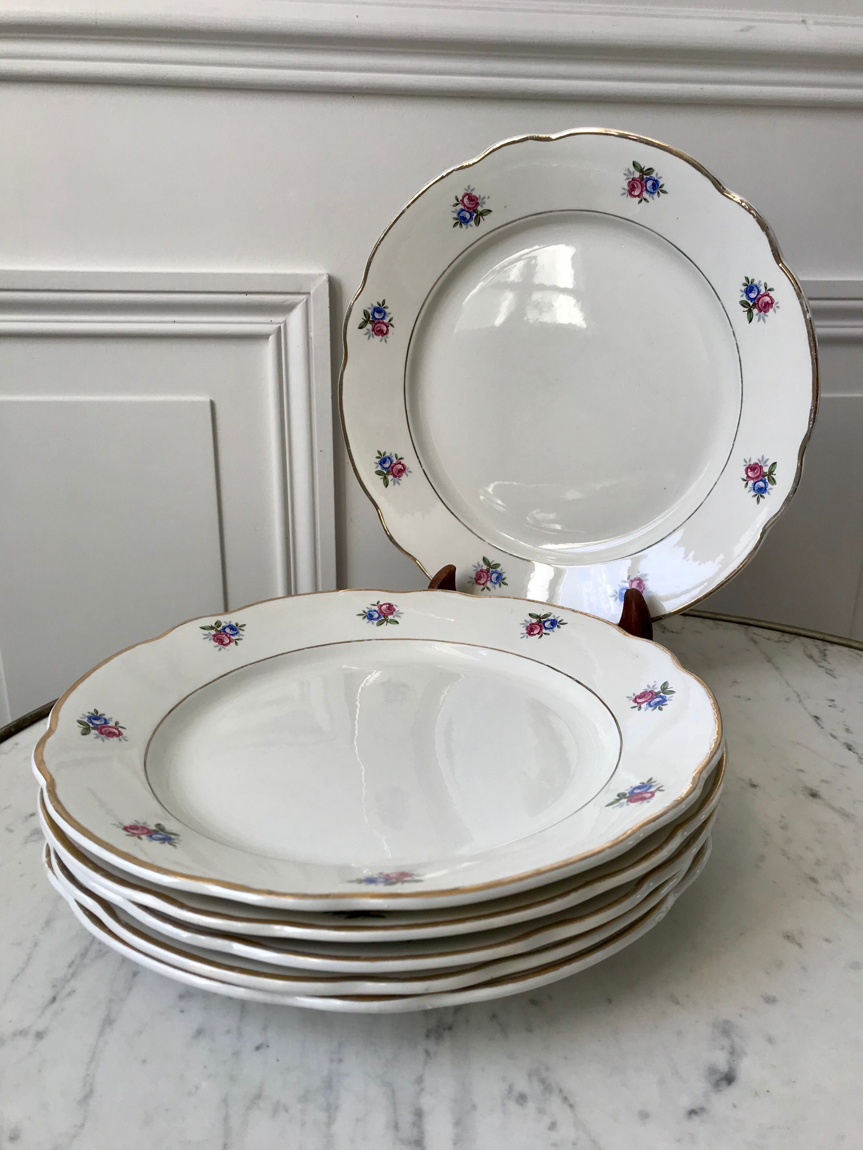set of 6 flat plates Digoin Sarreguemines small flowers 50s
