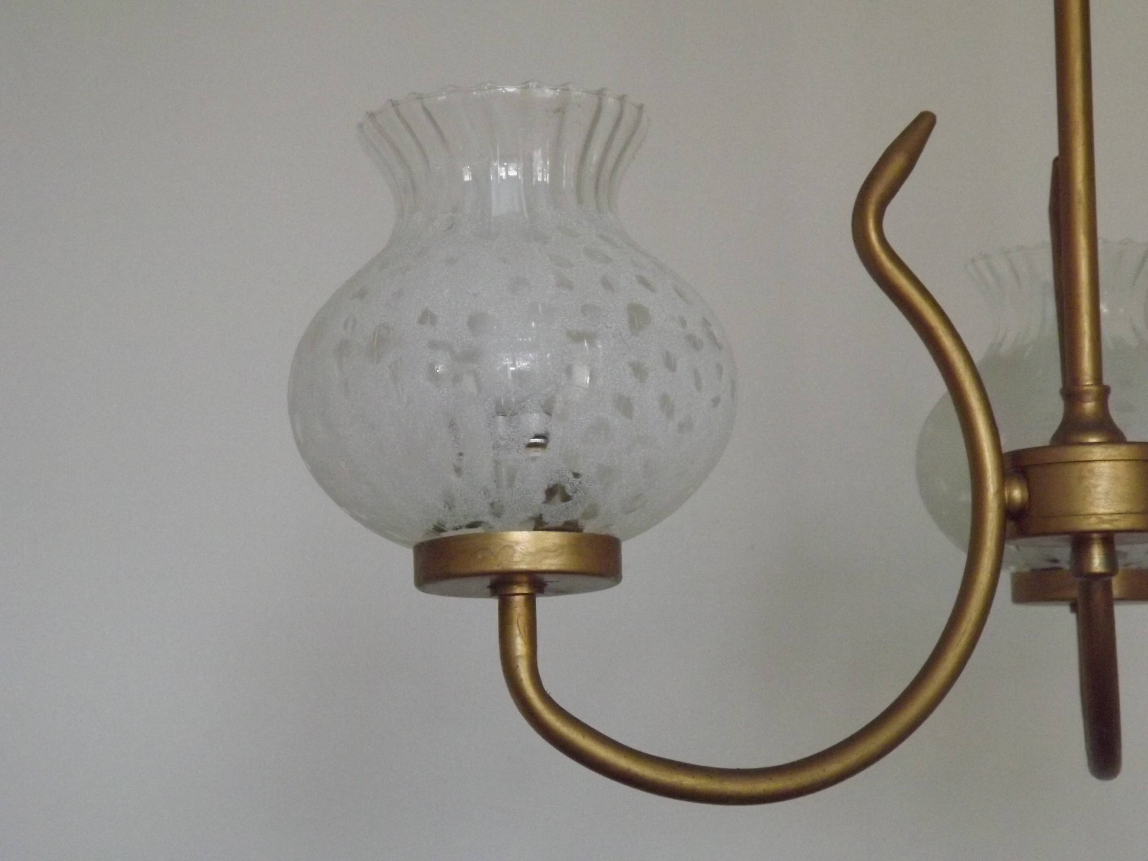 French Mid Century 3 Light Gold Metal Chandelier Textured Glass Shades