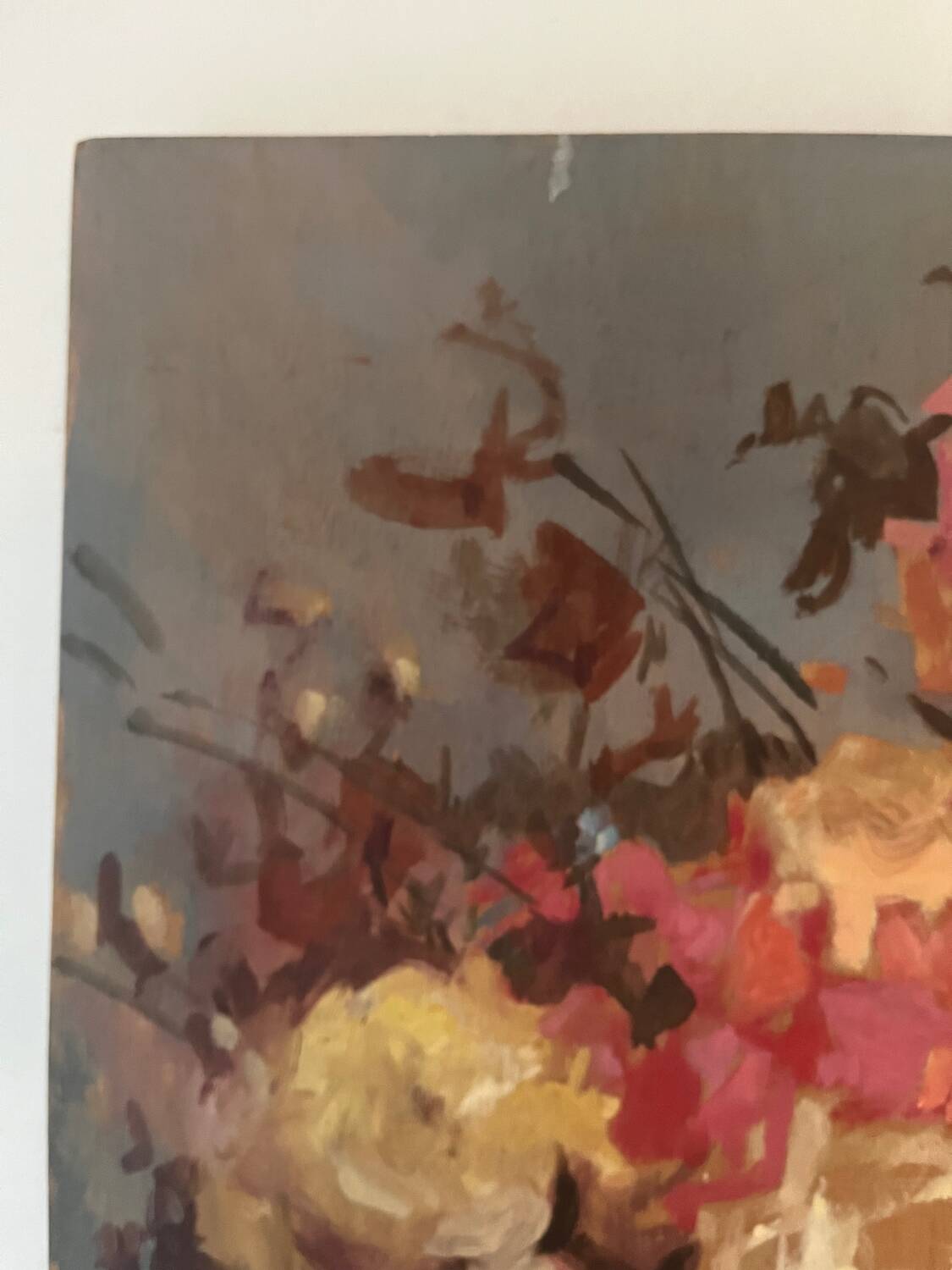 Large bouquet of roses, oil on wood panel, signed