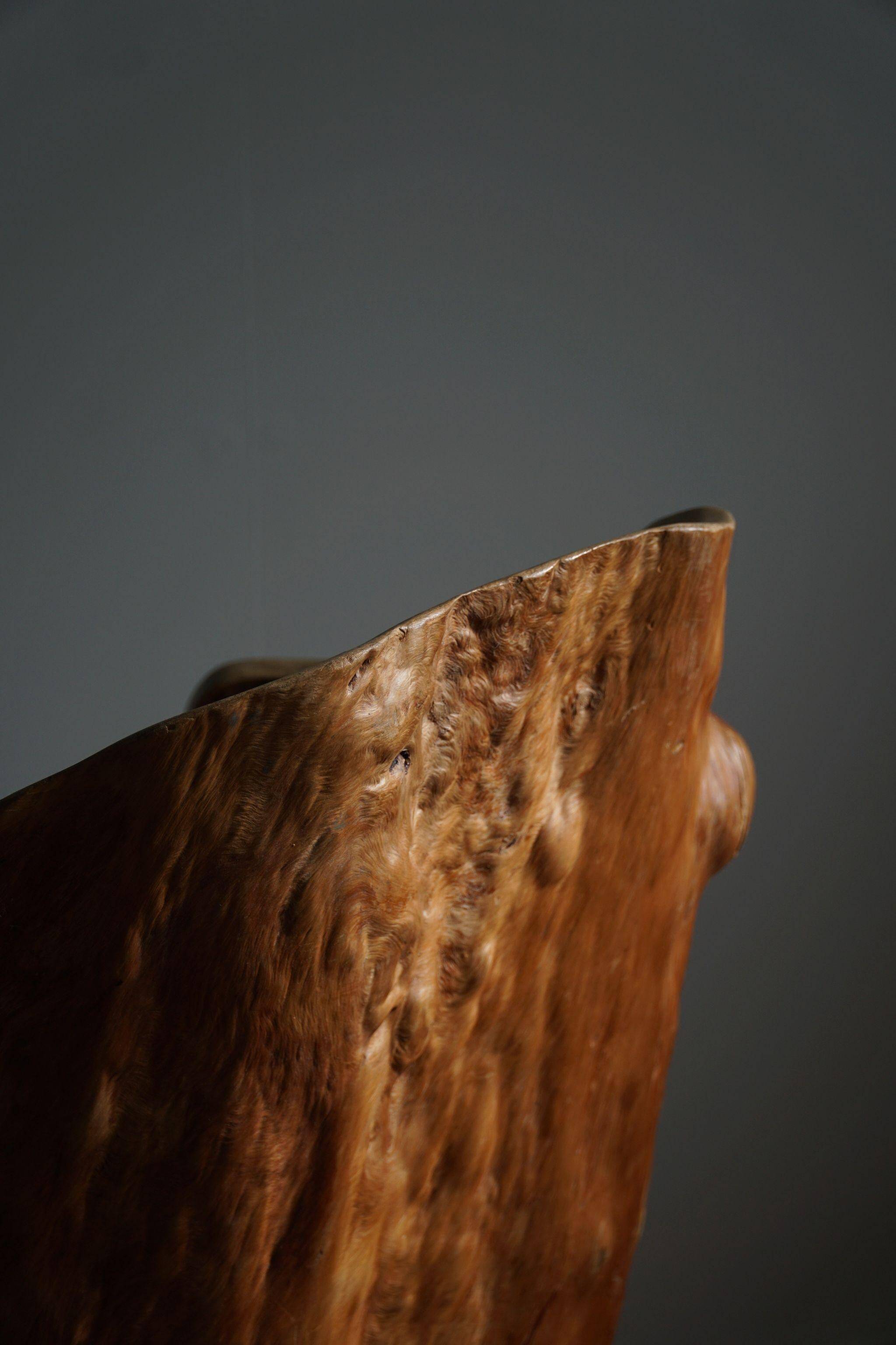 Sculptural brutalist armchair handcrafted in solid pine, Wabi Sabi style, Sweden, 1970s.