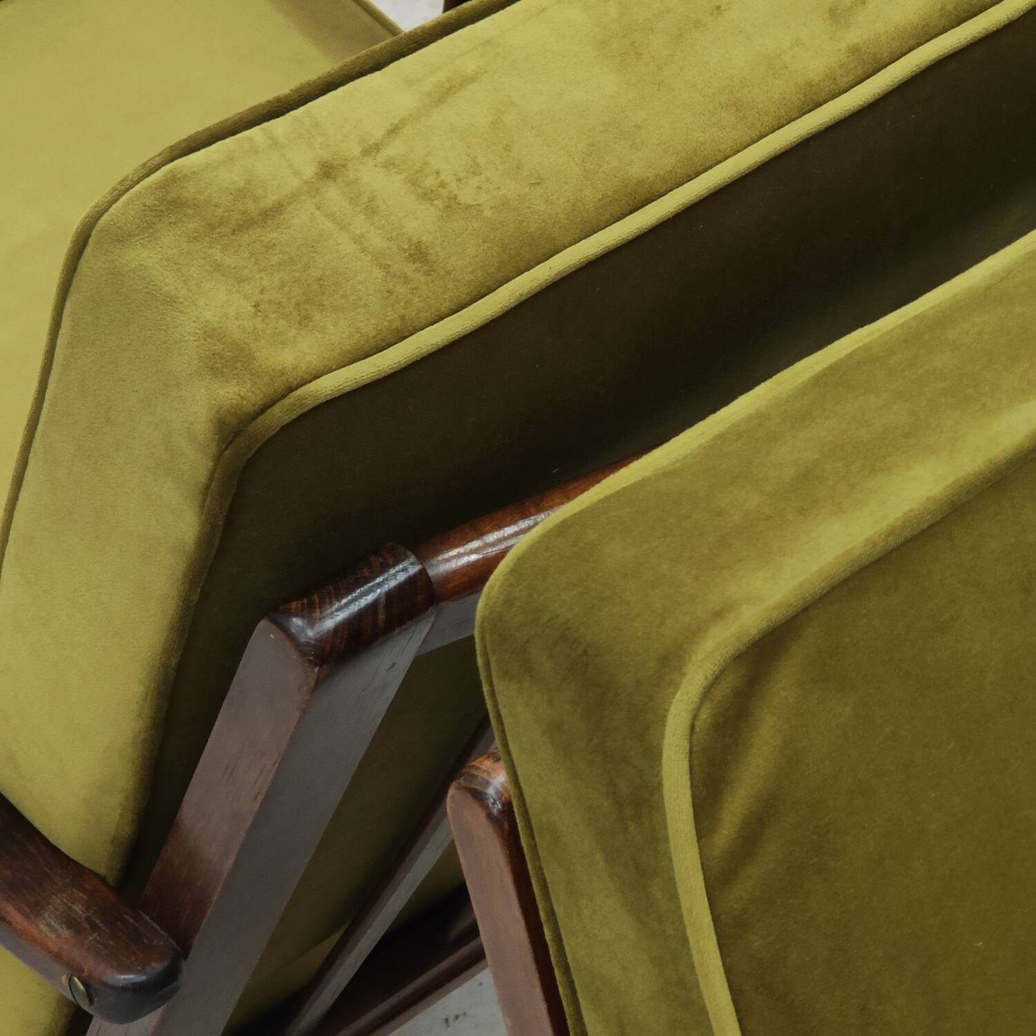 Pair of green velvet boomerang armchairs by Antonin Suman for Ton Bystrice "Thonet"