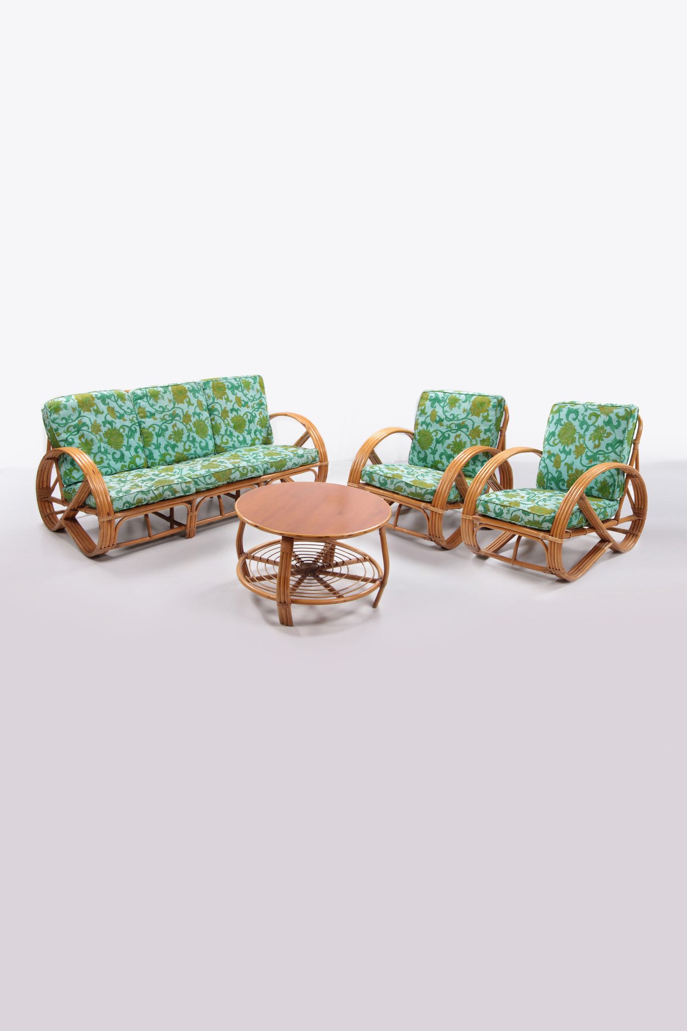 Vintage set of bamboo lounge armchairs and sofa with coffee table Paul Frankl, 1960s
