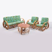 Vintage set of bamboo lounge armchairs and sofa with coffee table Paul Frankl, 1960s