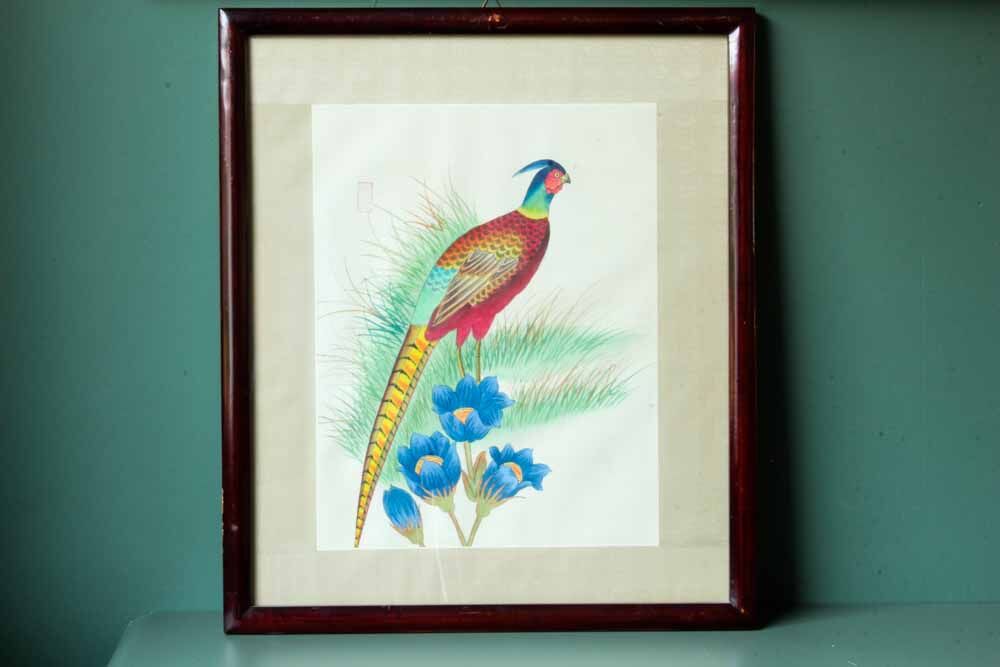 Antique asian painting on rice paper in high quality wood frames, c 1910s