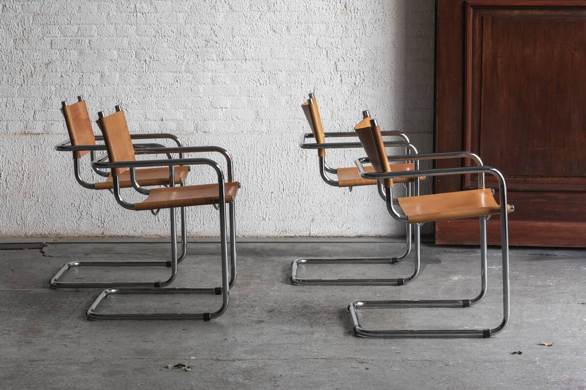 Set of 4 tubular dining chairs in Bauhaus style, in the manner of Marcel Breuer, 1970s