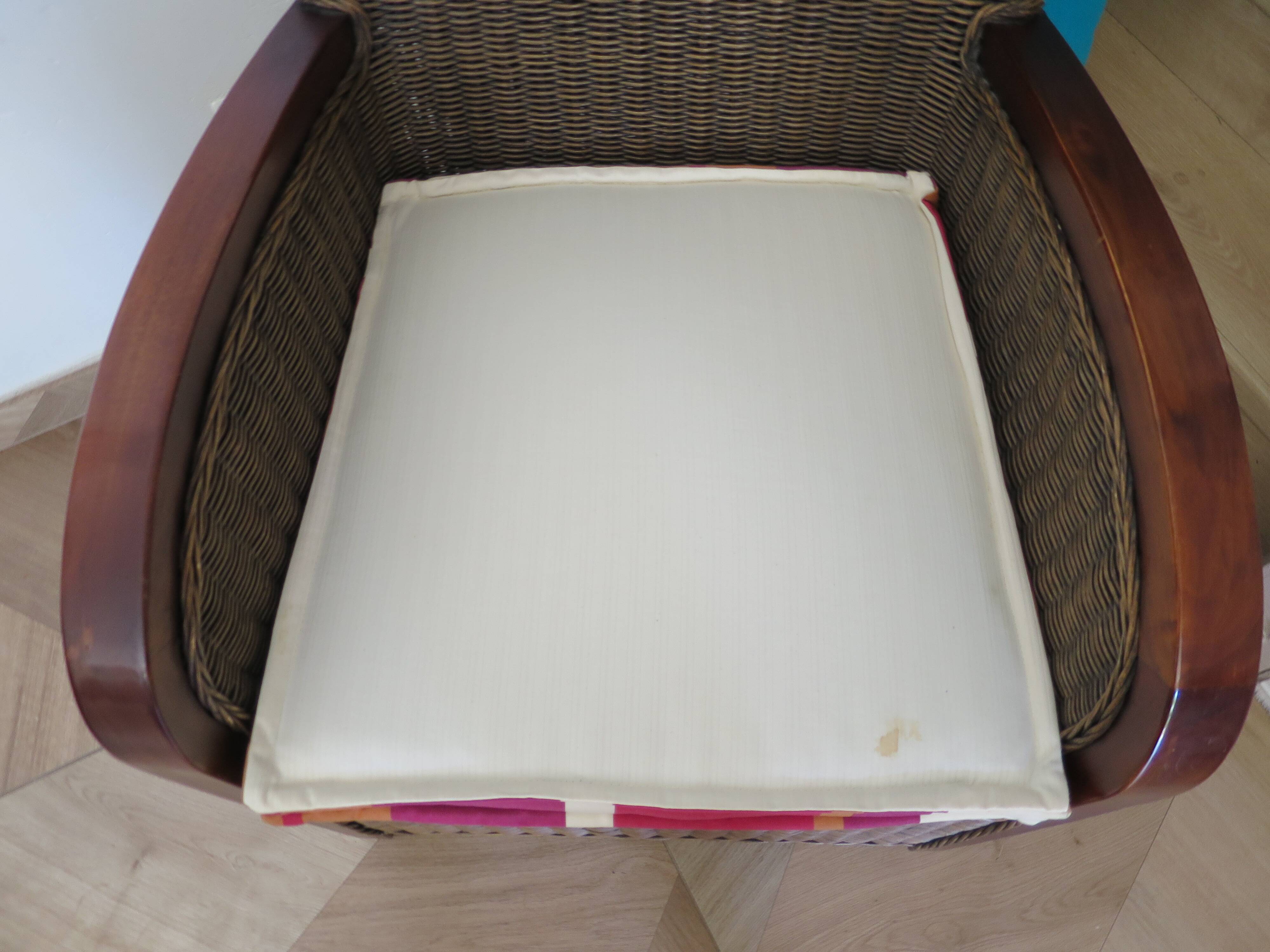 2 armchairs in woven rattan and wood, 1980s