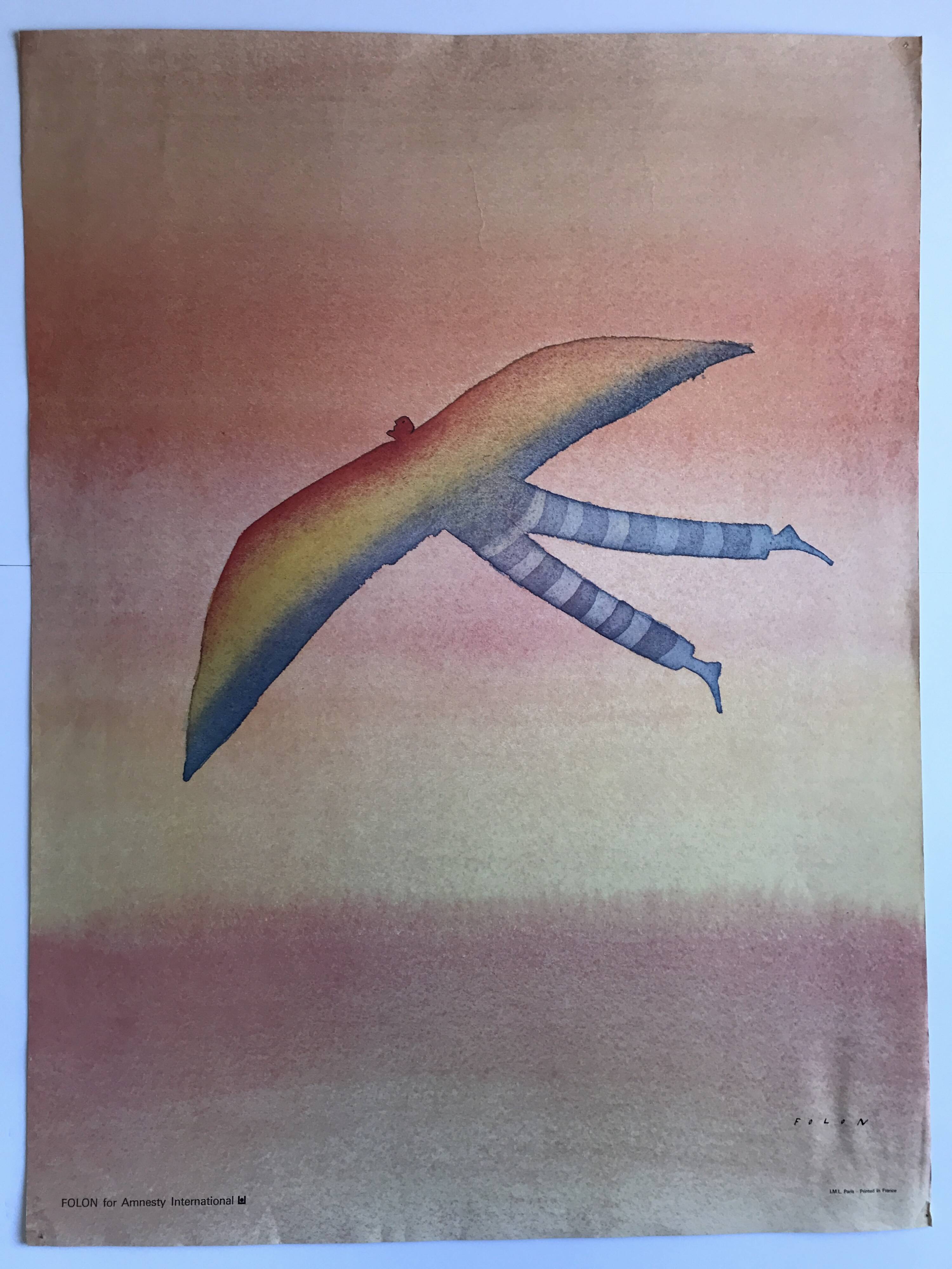 Jean-michel folon, folon for amnesty international, 1977. original poster