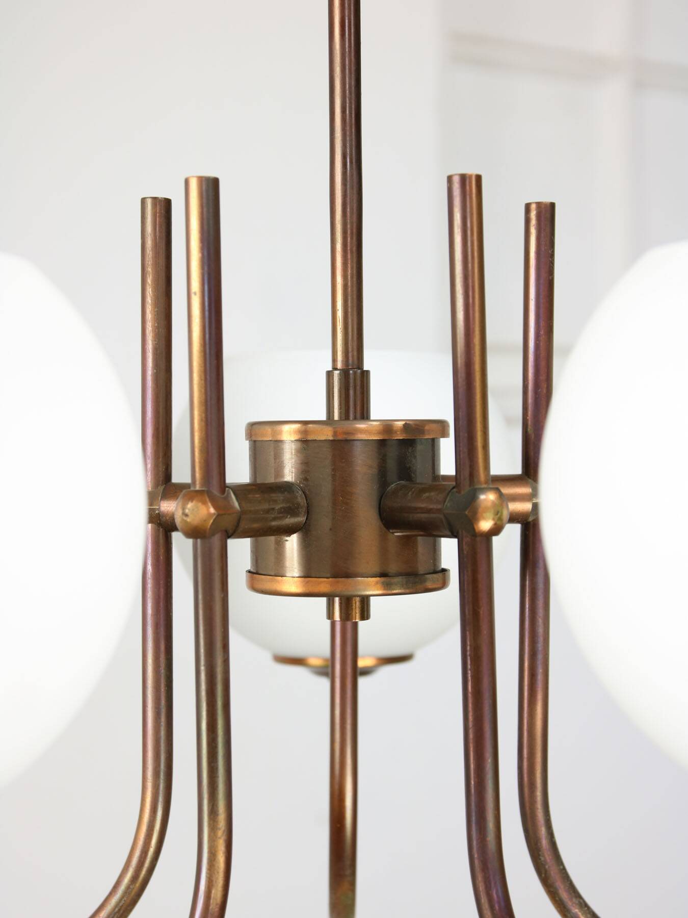 Vintage Italian Brass and Opaline Chandelier in Copper Color, 70s