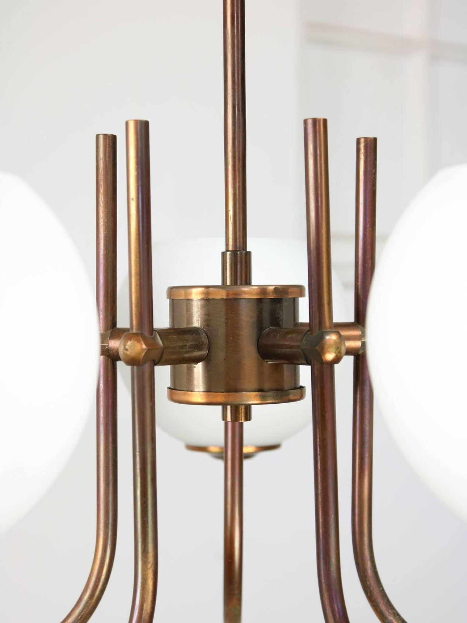 Vintage Italian Brass and Opaline Chandelier in Copper Color, 70s