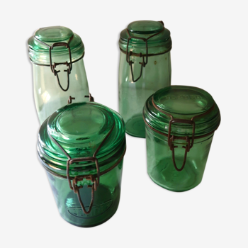 Set of 4 green glass jars