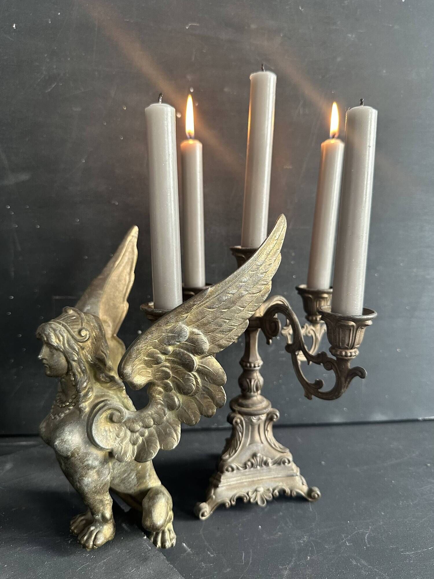 Small antique candelabrum with 5 lights in patinated brass - early 20th century