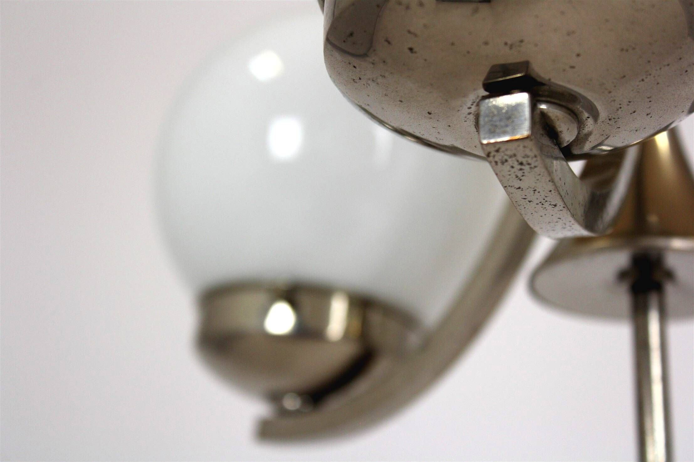Vintage Czech Bauhaus style pendant light, tall, with opaline glass globes, 1940s