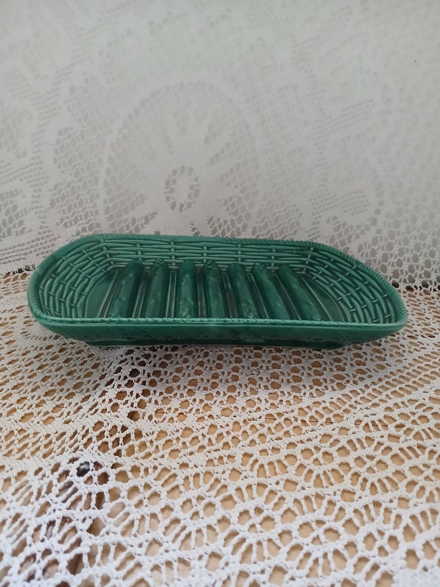 Antique Barbotine dish with asparagus motifs