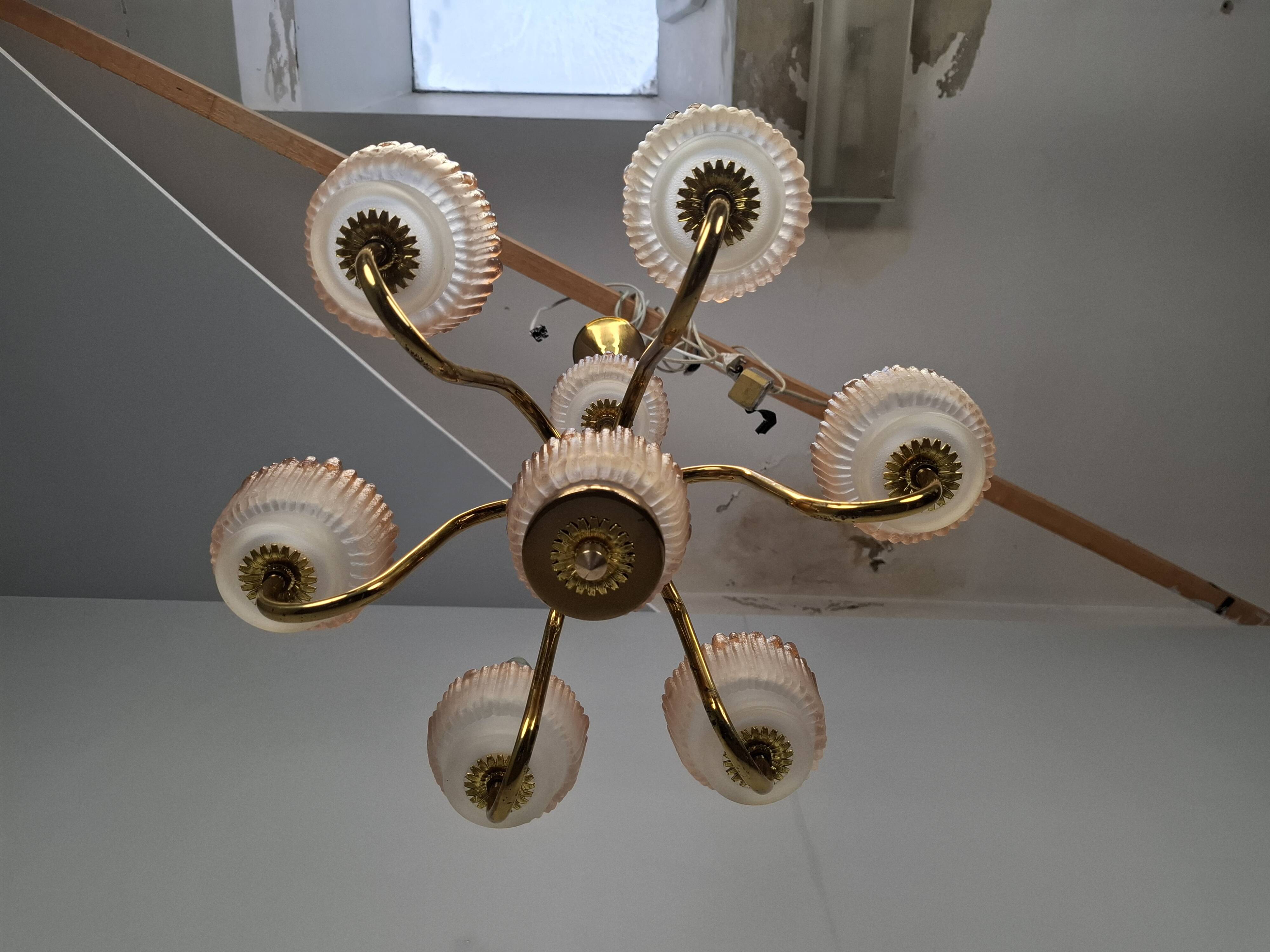 1960s Czech Mid-Century Brass and Železný Brod Frosted Glass Six-Arm Chandelier