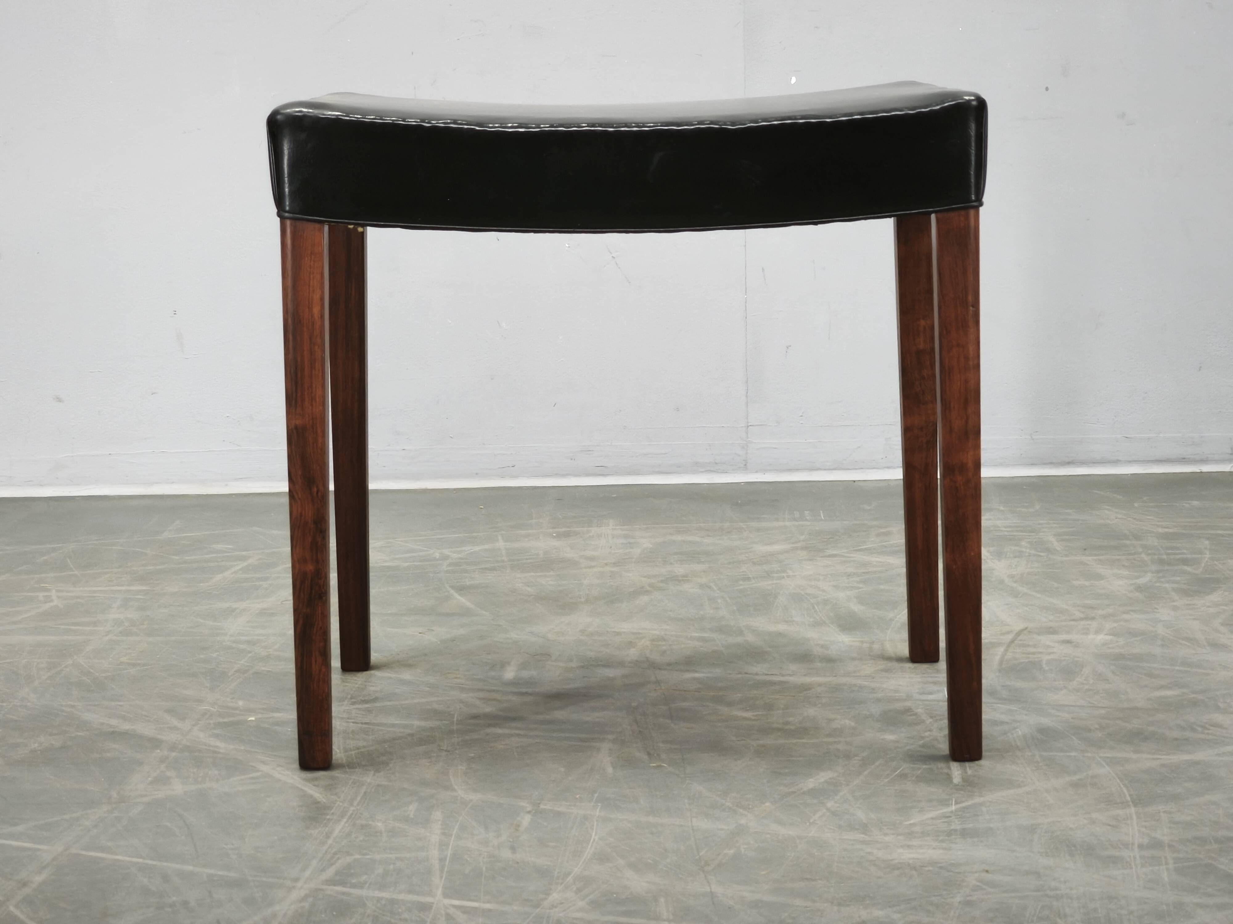 1960s Danish Modern Wood and Black Leather Stool