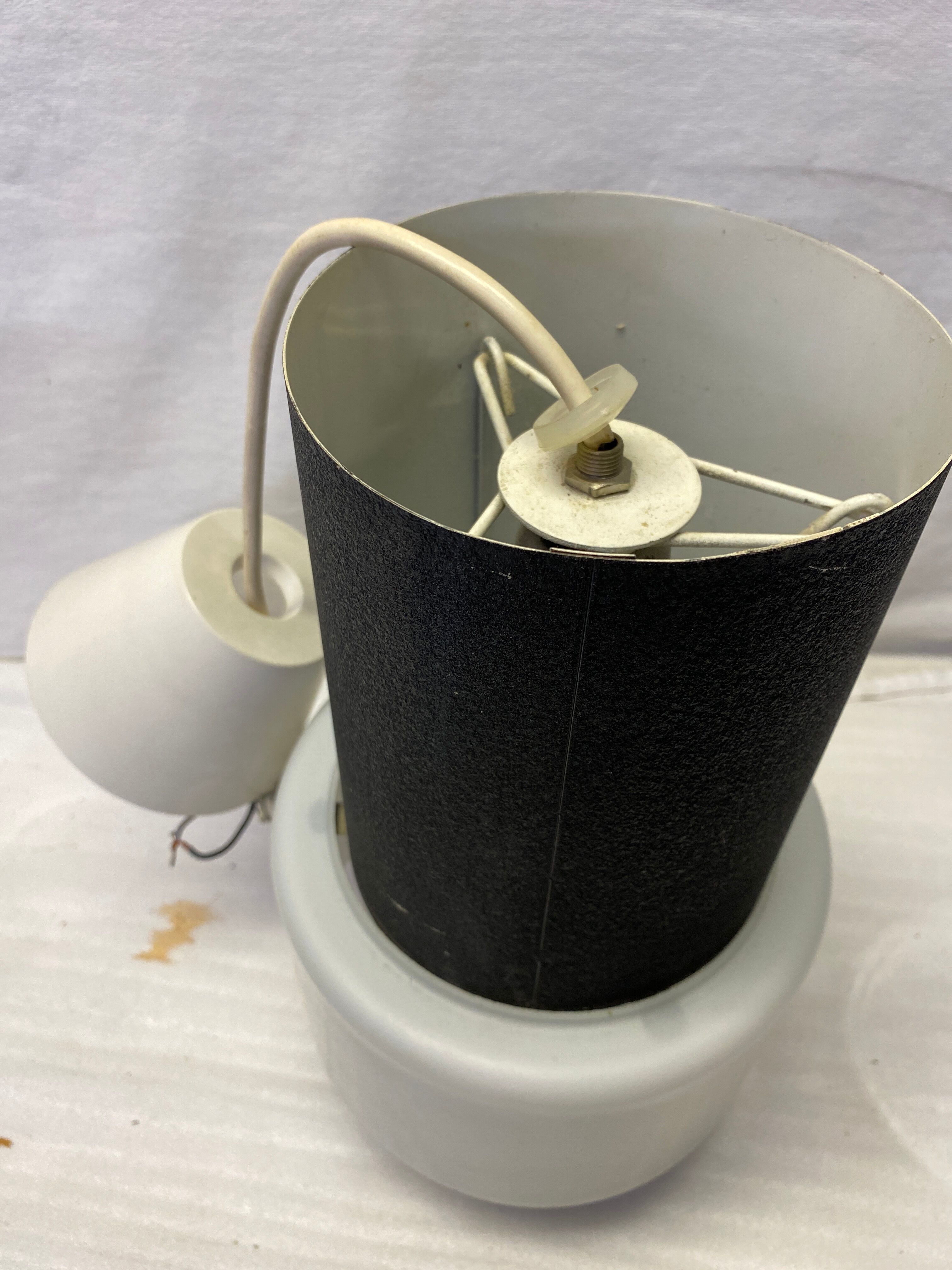 Vintage black metal and white opaline suspension