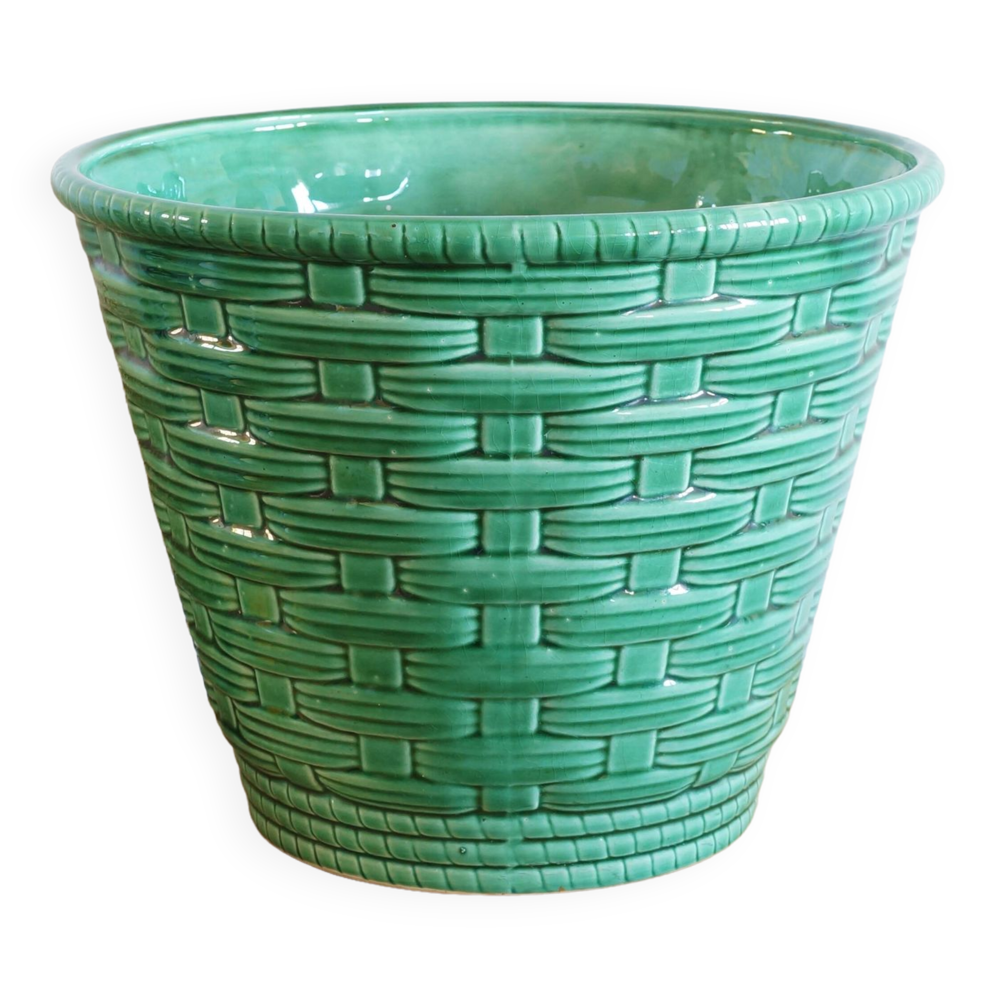 Large green Sarreguemines plant pot 1960s
